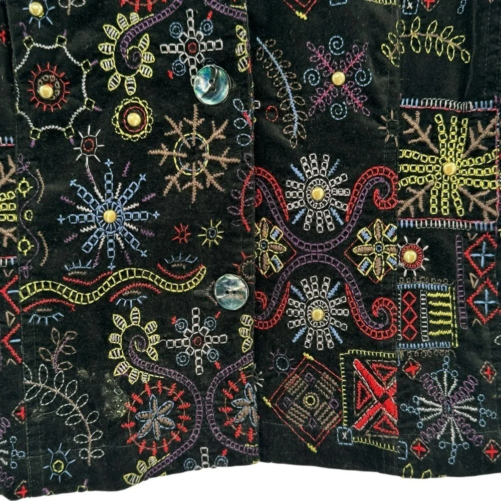Chico's Statement Jacket Black Velour Colorful Embroidery Studded Boxy | 1 8/10 - Picture 8 of 11